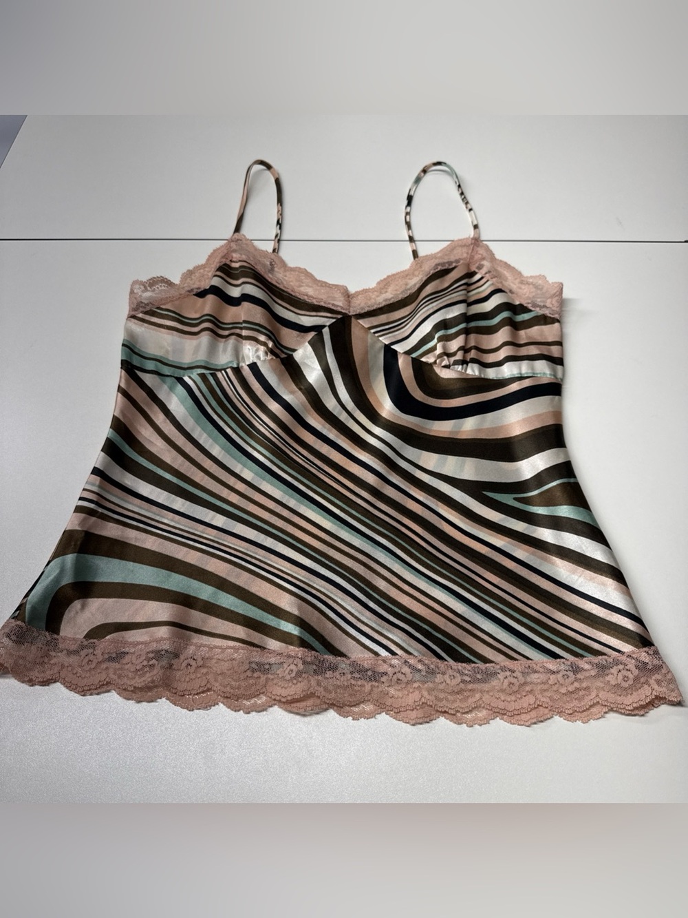 Twenty One Vintage Y2K Cami Babydoll Tank Top Sz L Lace Trim Made USA Pink Multi